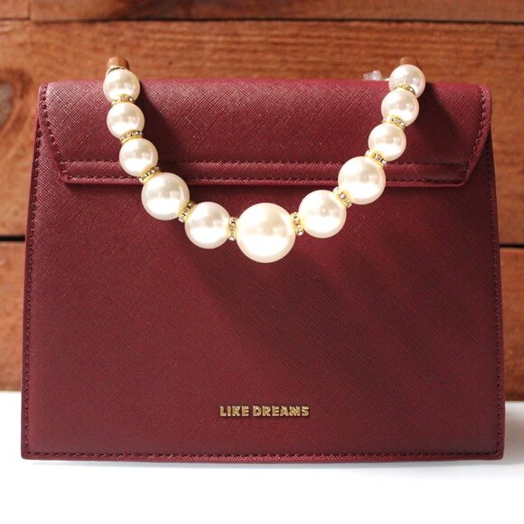 Like Dreams Small Burgundy Handbag Pearl Handle Faux Leather Purse Elegant New - Picture 1 of 8